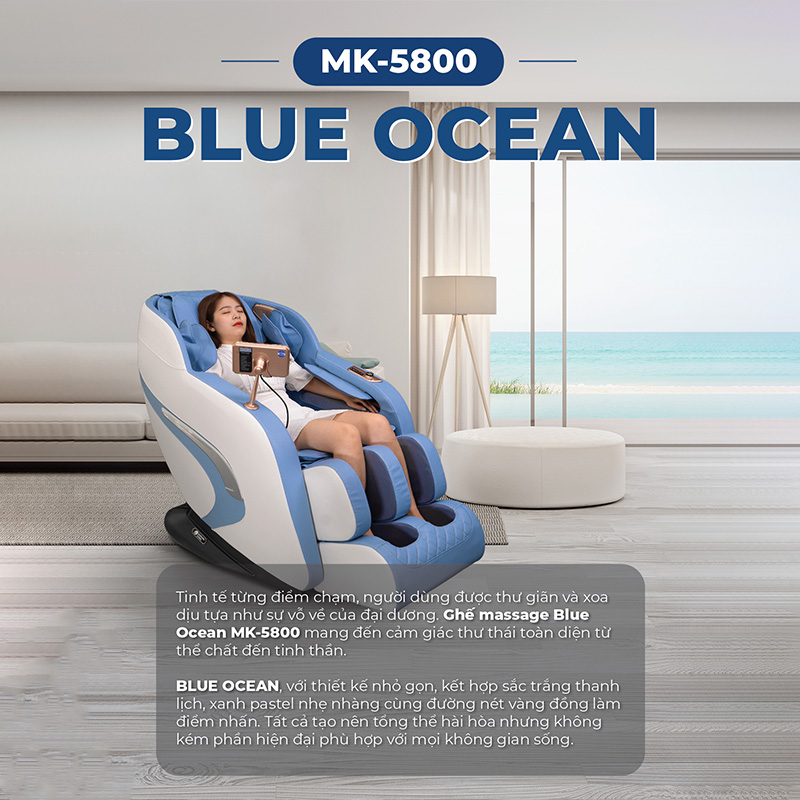 [Quà tặng máy massage mắt MK-321] Ghế Massage BUHEUNG Blue Ocean MK-5800, Hệ Thống 40 Túi Khí Với 6 Chế Độ Massage Tự Động Với Con Lăn 4D Giúp Thư Giãn