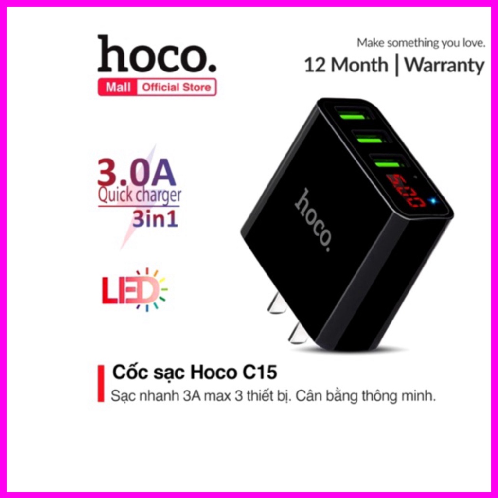 Củ sạc nhanh 3 cổng usb , màn hình led chính hãng hoco c15. củ sạc hoco c15