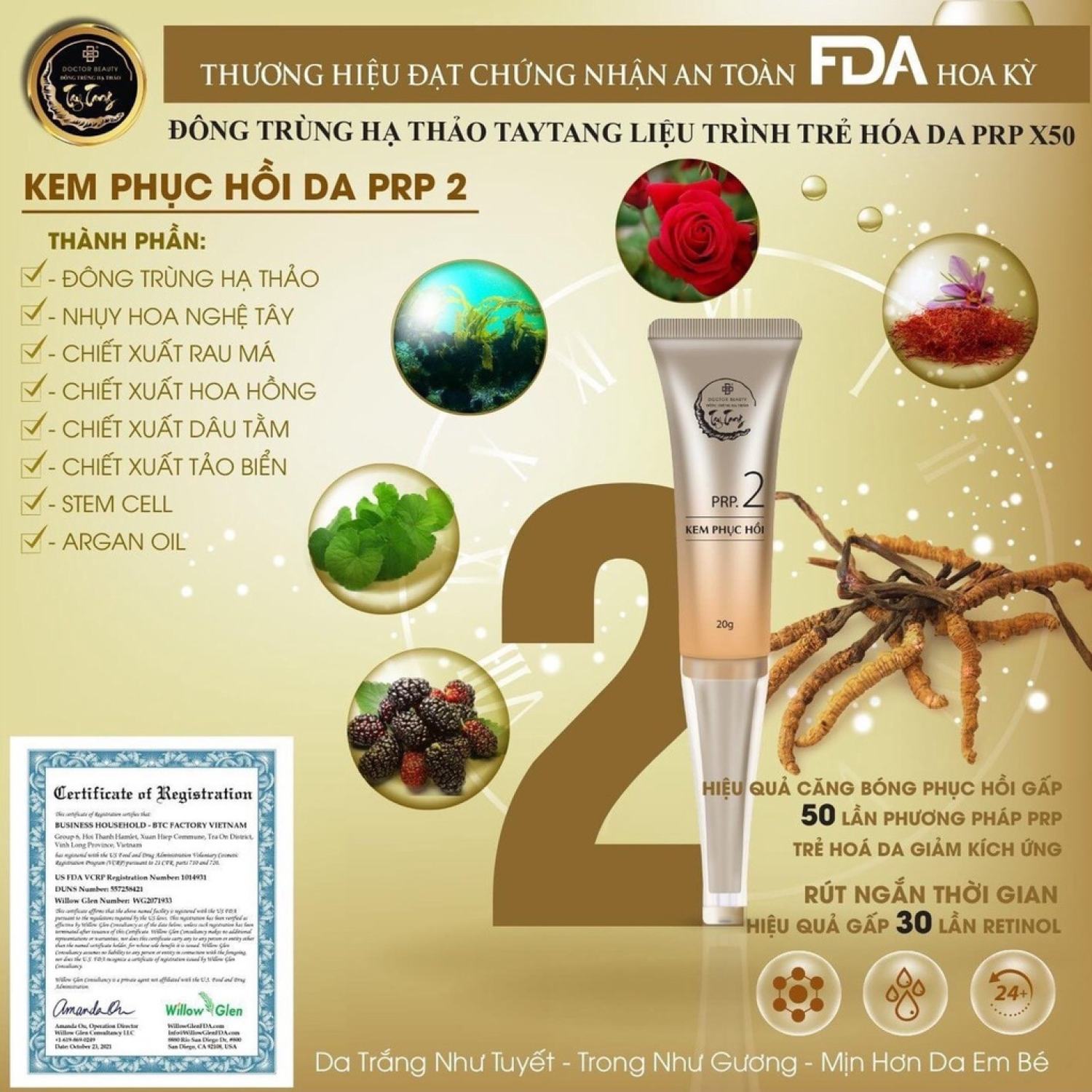 (chính hãng) KEM PHỤC HỒI PRP 2 TRONG BỘ TRẺ HOÁ ĐÔNG TRÙNG HẠ THẢO.