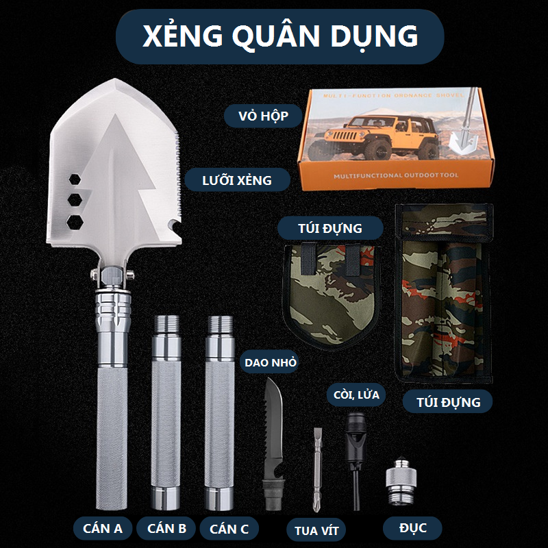Xẻng cuốc đa năng 13 chức năng tiện lợi đi phượt, dã ngoại, làm vườn, gấp gọn gàng dễ mang theo KÈM HỘP ĐỰNG