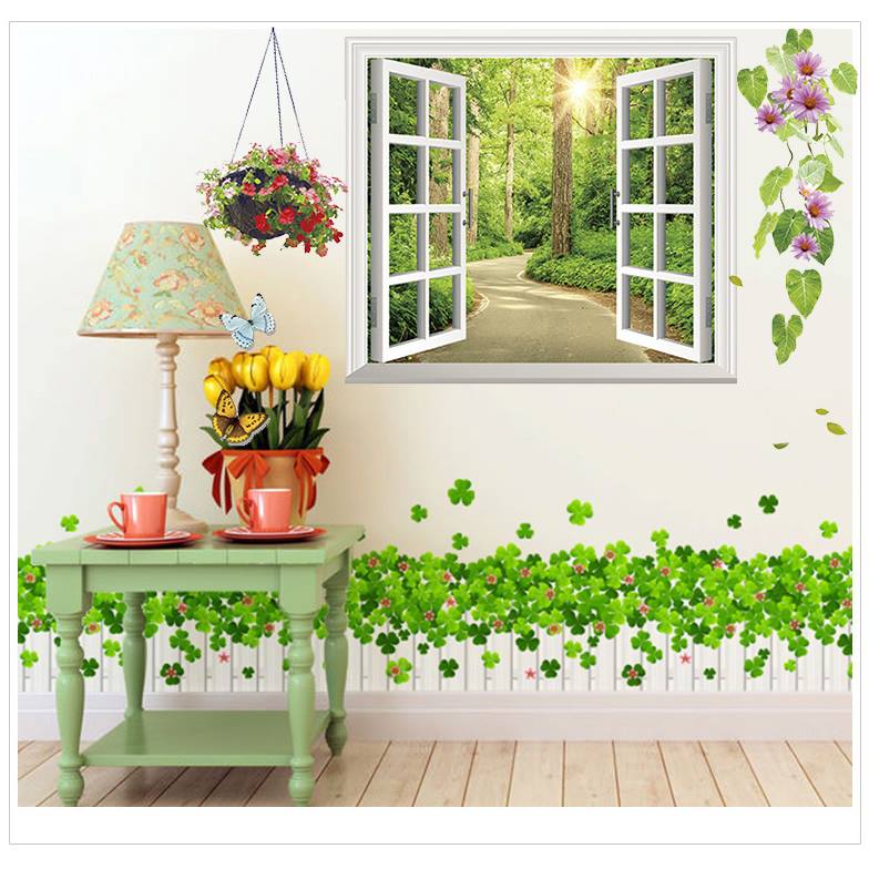 Decal dán tường cửa sổ, hàng rào và hoa cánh xanh