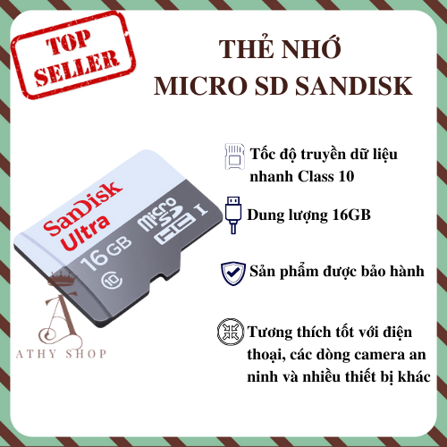 THẺ NHỚ MICRO SD SANDISK 16GB memory card SD HC tốc độ đọc 10 class lưu trữ dữ liệu hình ảnh tin nhắn video game cho điện thoại camera an ninh hành trình máy tính bảng hàng xịn tốt chính hãng cao cấp SDHC 16 gb gygabyte 16g SDXC