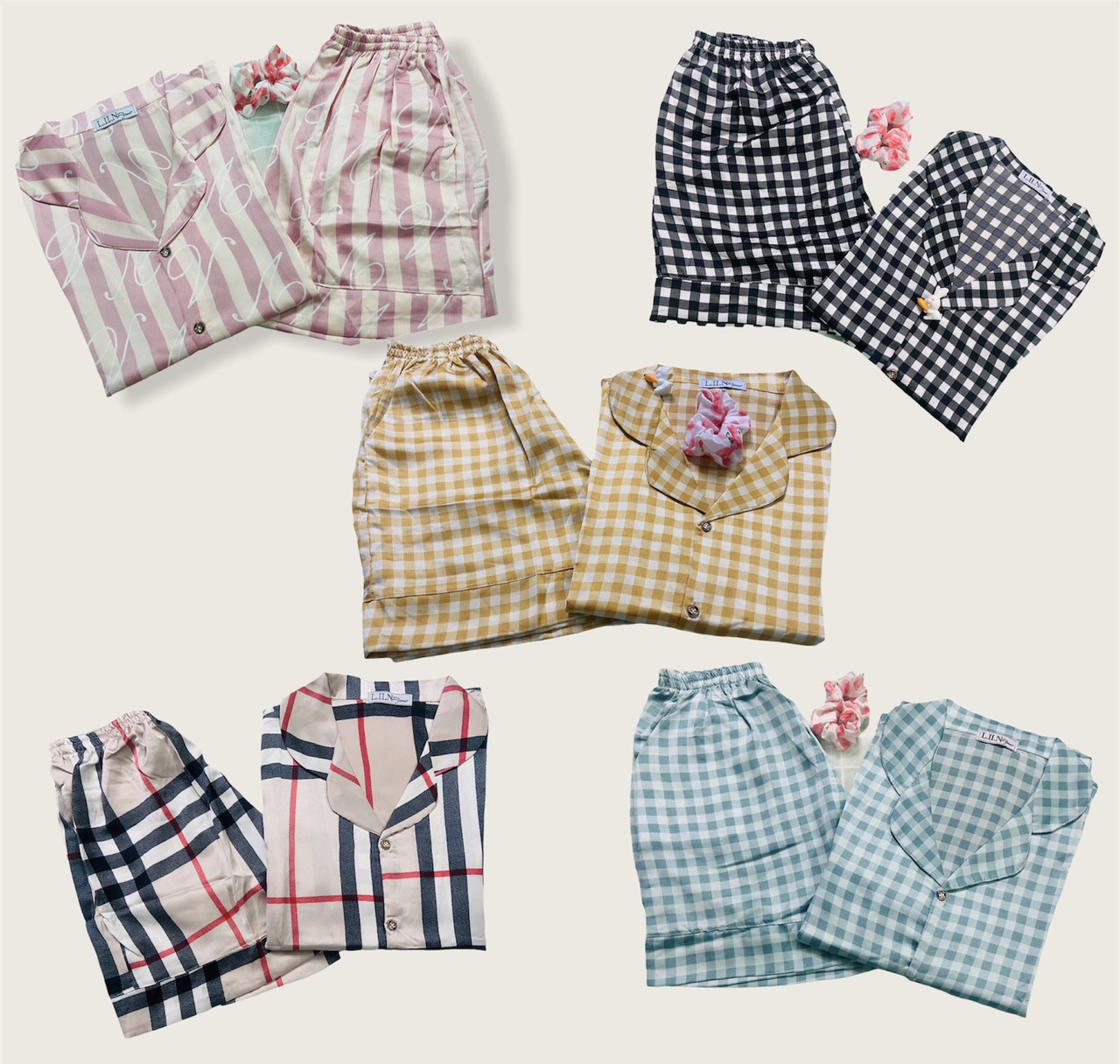 Đồ bộ Pyjama, đồ bộ Pijama nữ đùi lụa Satin Freesize 57kg - Sọc caro