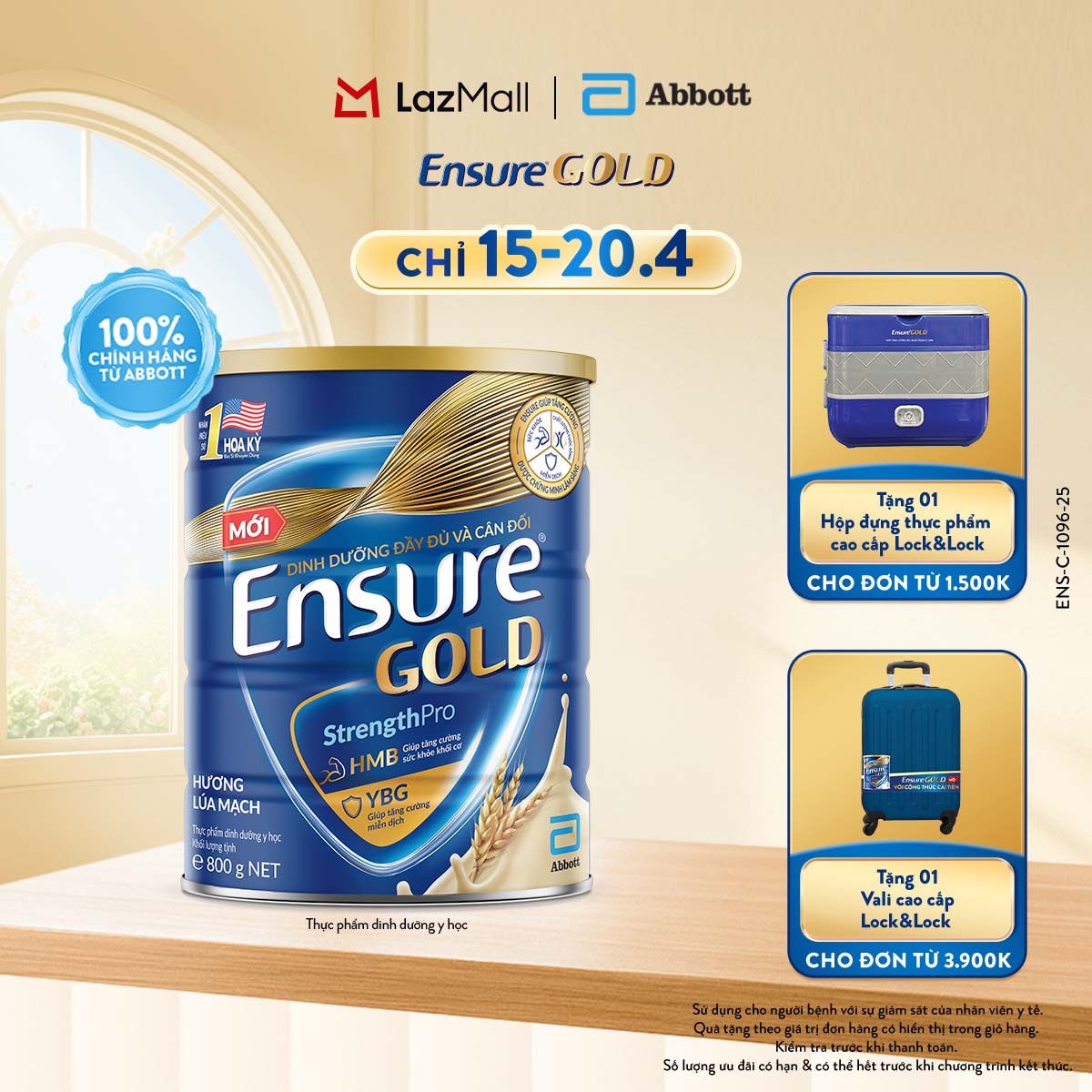 [CHỈ 15-20.04 QUÀ TẶNG CHO ĐH 1500K-SLCH] Lon sữa bột Ensure Gold hương lúa mạch 800g