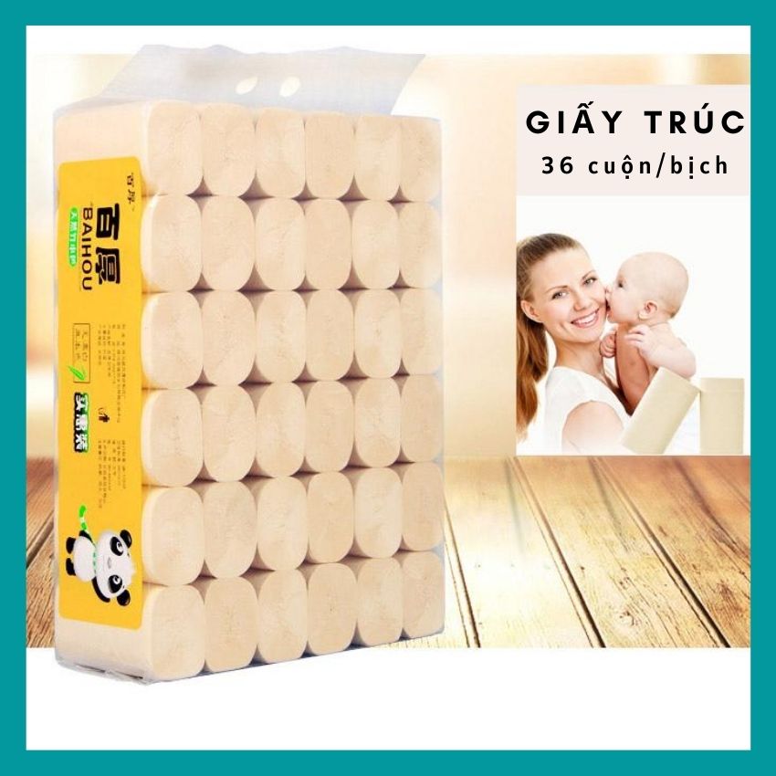 Giấy vệ sinh cuộn không lõi BaiHou, Giấy gấu trúc bột than tre tự nhiên 36 cuộn một bịch 4 lớp siêu dai, siêu mịn, thấm hút cực tốt.