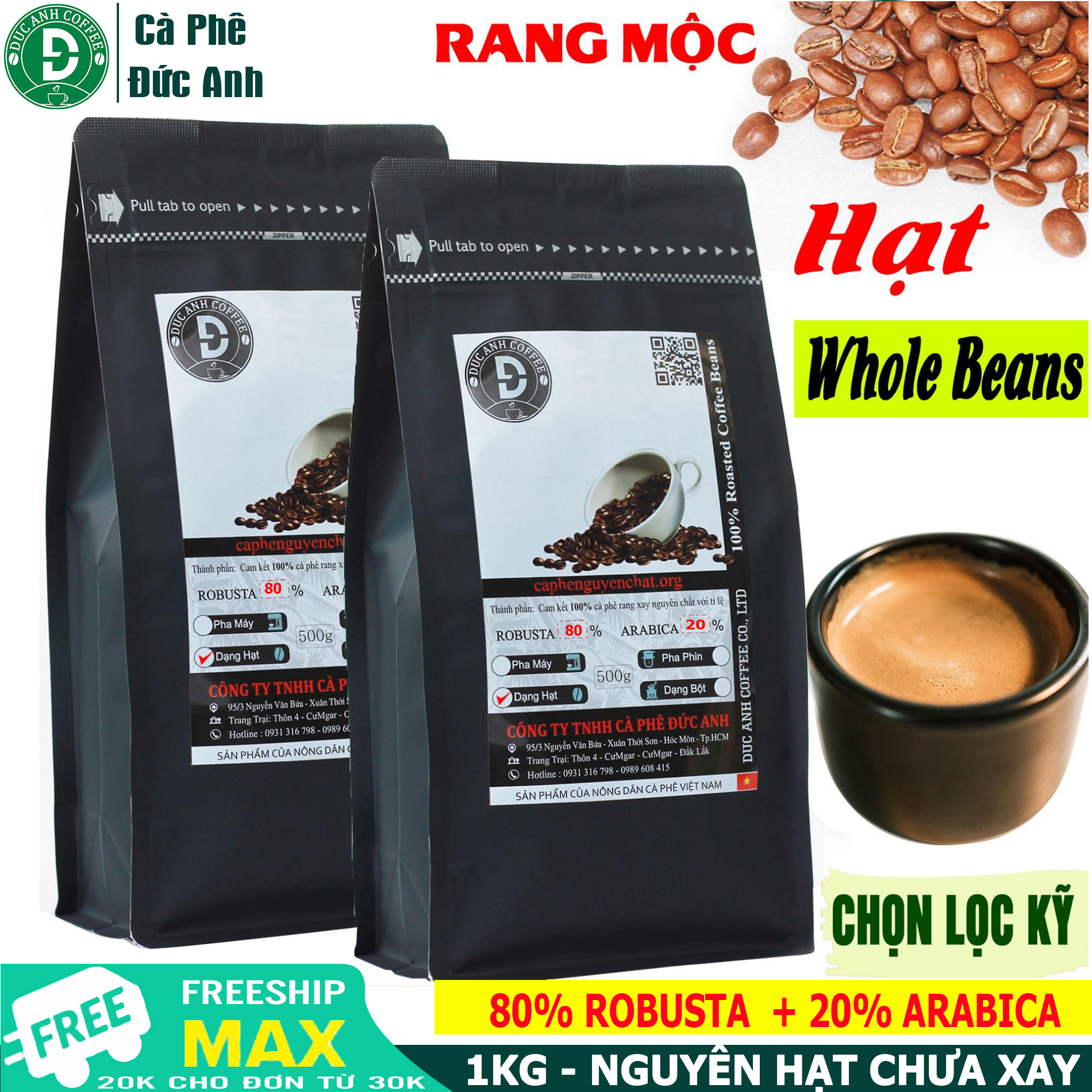 1kg Cà Phê Rang Mộc nguyên chất DUC ANH COFFEE  tỉ lệ 8-2 (80% Robusta + 20% Arabica) - dạng hạt - thơm ngon - đậm vị - chua nhẹ - bán trực tiếp - giao hàng nhanh - DUC ANH COFFEE - cafe đức anh - whole beans coffee