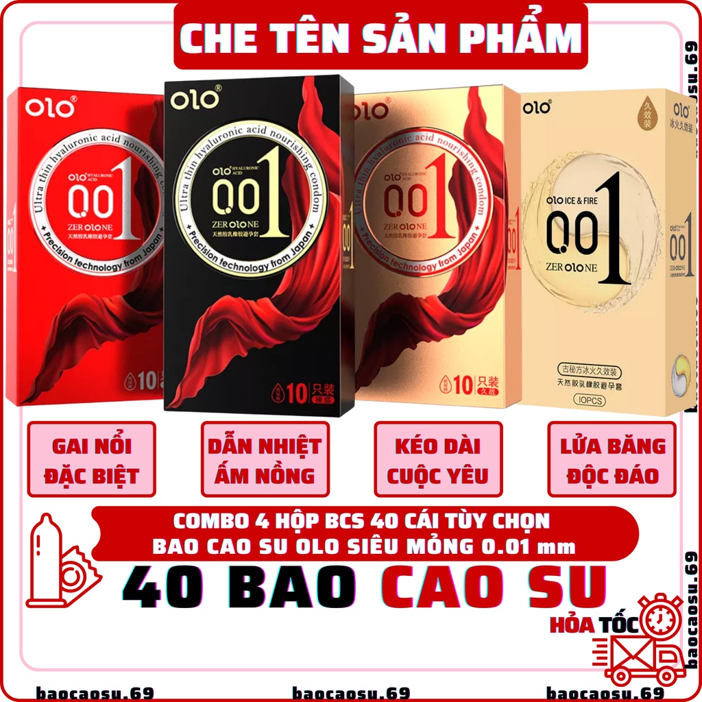  Combo 4 hộp 40 bao cao su OLO siêu mỏng 0.01mm tùy chọn. Kéo dài cuộc yêu lửa băng gai nổi dẫn nhiệt ấm nồng chống xuất tinh sớm siêu mỏng 001mm gân gai khoái cảm 
