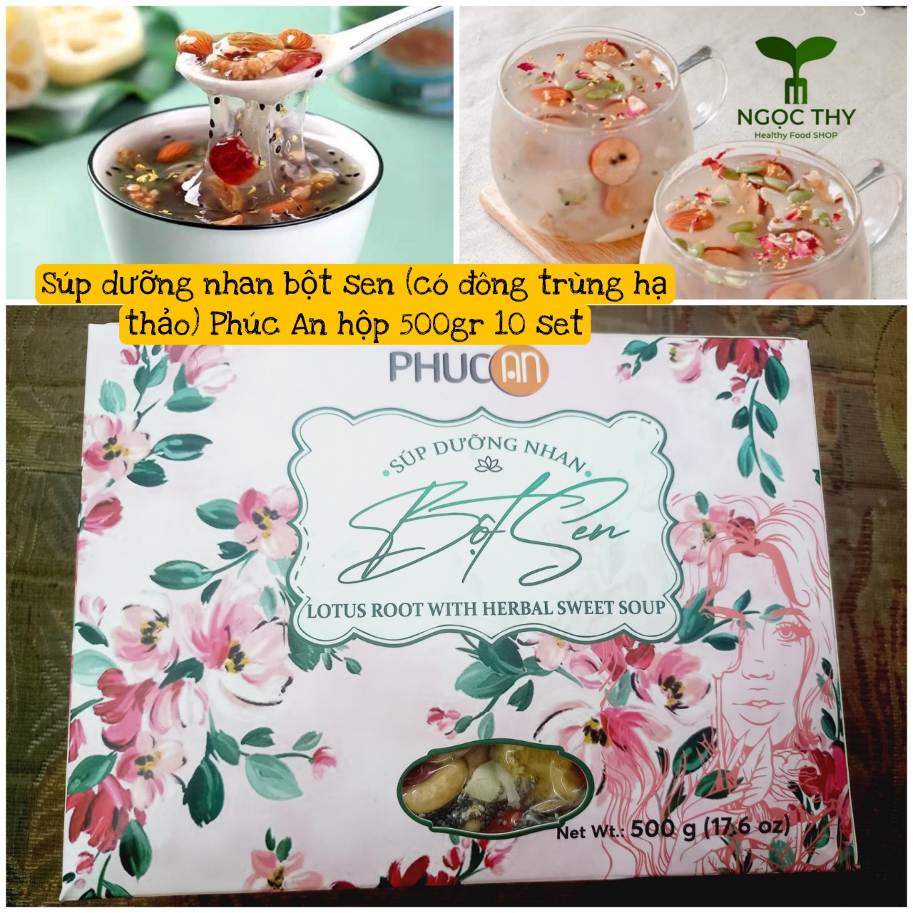 Súp dưỡng nhan bột củ sen đông trùng hạ thảo Phúc An 500gr 10pack