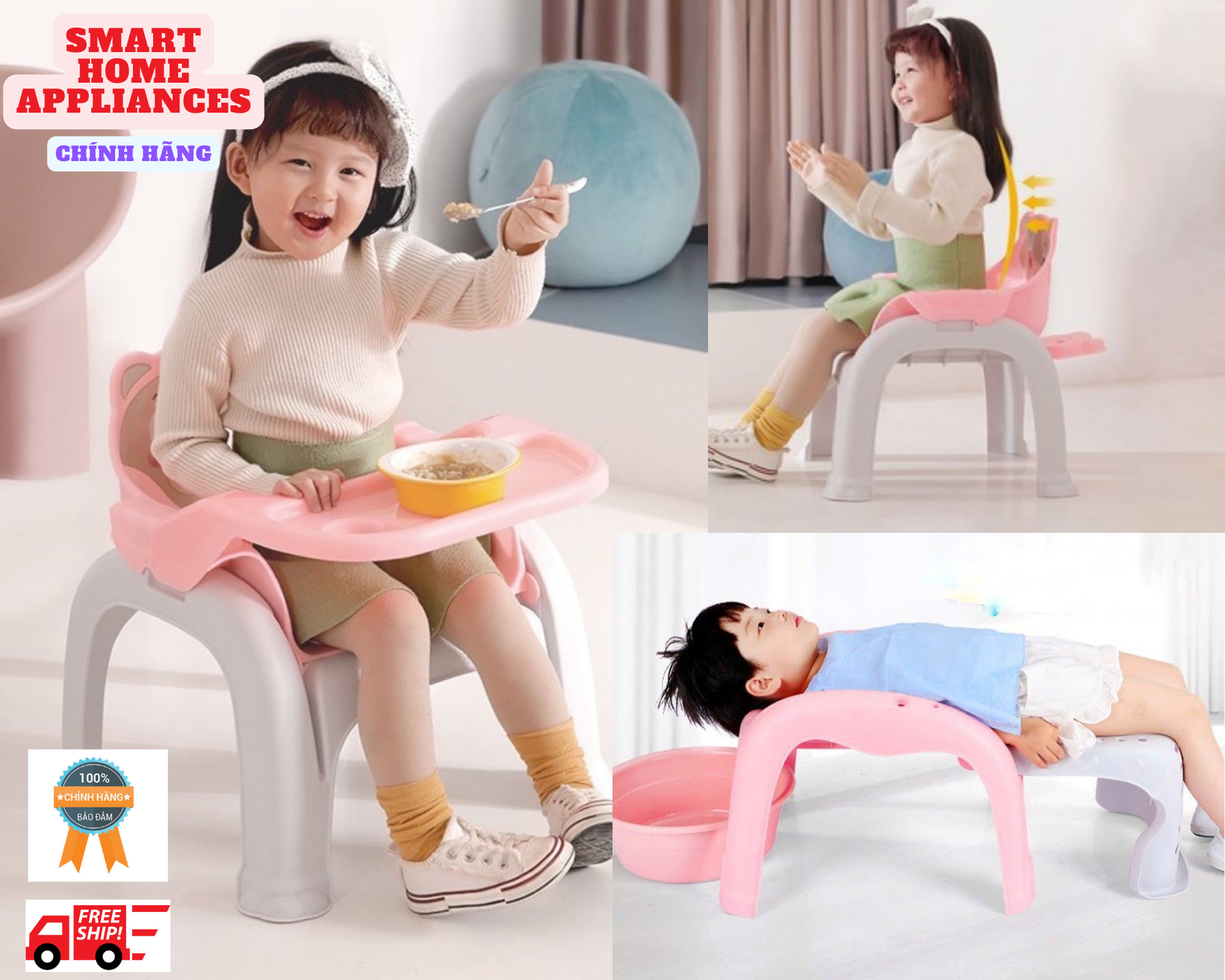 Ghế ăn dặm ghế ngồi cho bé, Ghế ăn dặm cho bé kiêm ghế gội đầu biến hình 3 trong 1 Hokori Việt Nhật Màu Pastel dễ thương