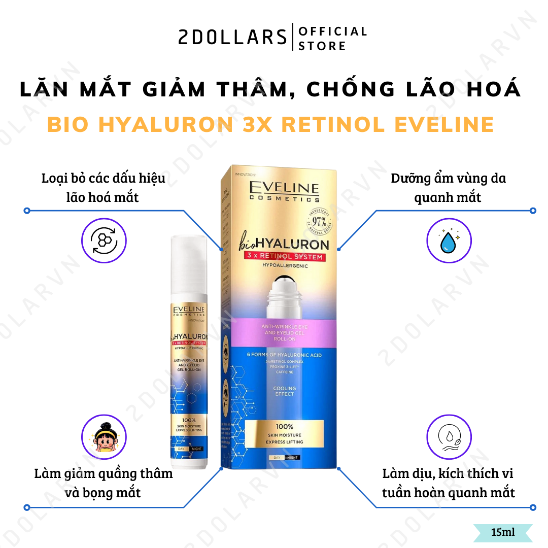 Lăn Mắt Eveline Bio Hyaluron 3x Retinol Giảm Thâm, Chống Lão Hoá