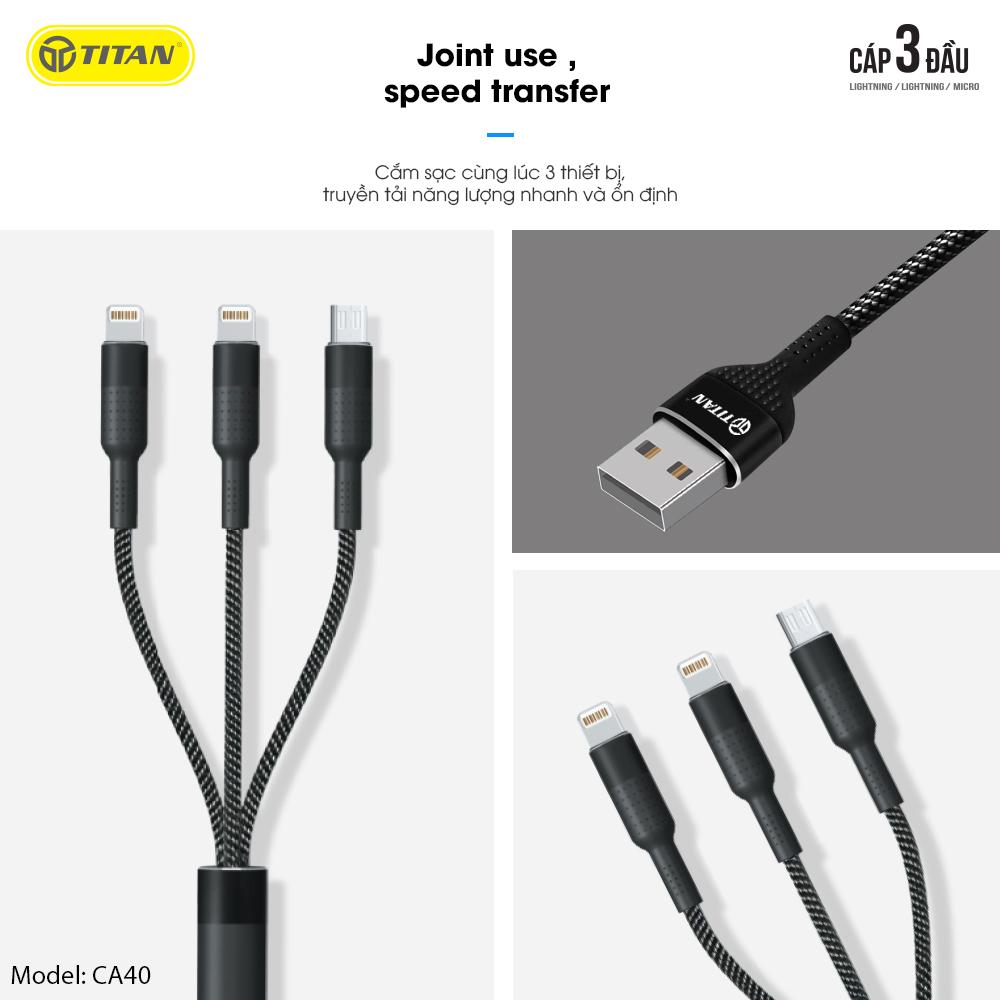Cáp sạc 3 đầu đa năng Lightning + Lightning + TypecC TITAN-CA40 dài 1m Hỗ trợ sạc điện thoại Apple và điện thoại Android