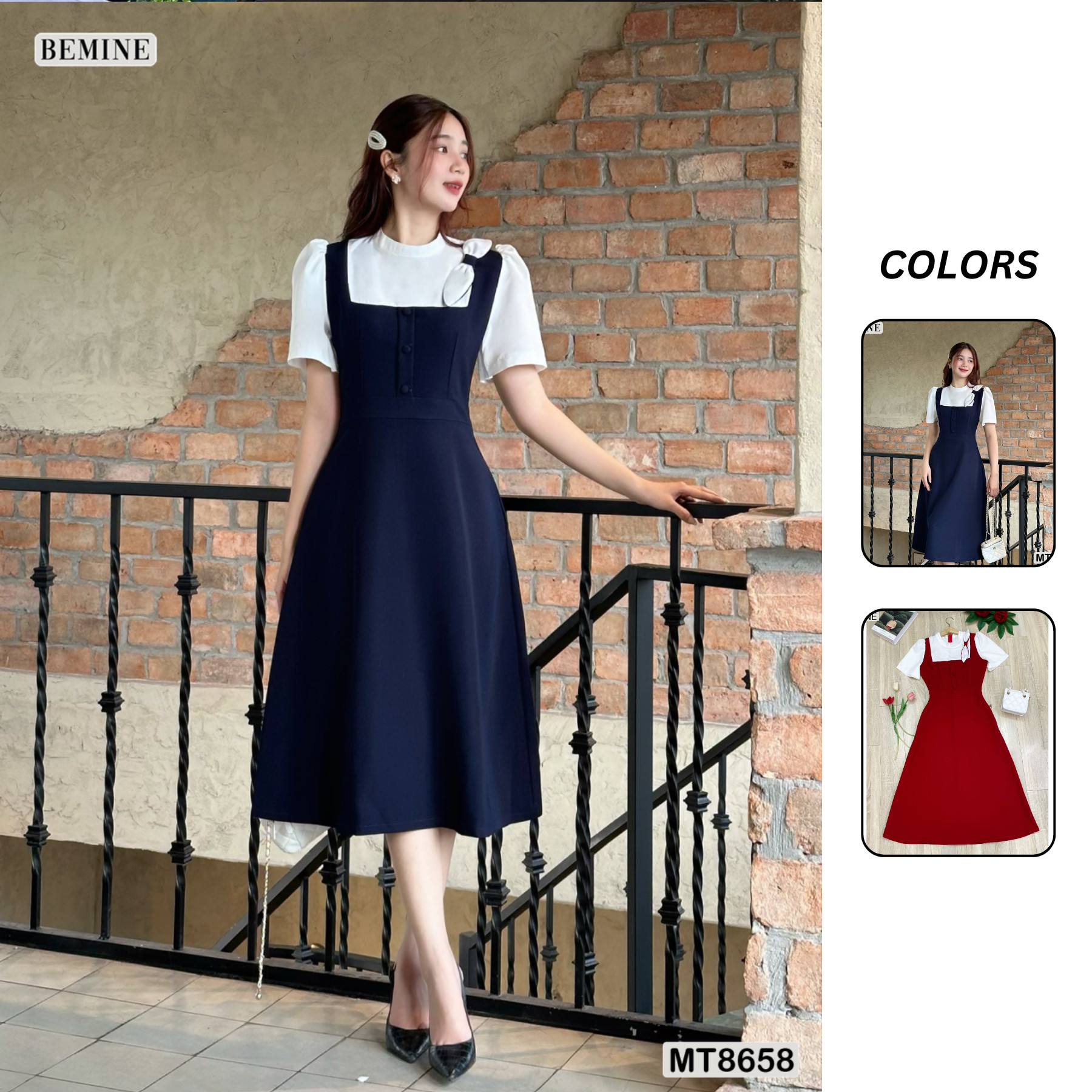 Đầm thiết kế cổ trụ phối nơ tùng xoè MT8658