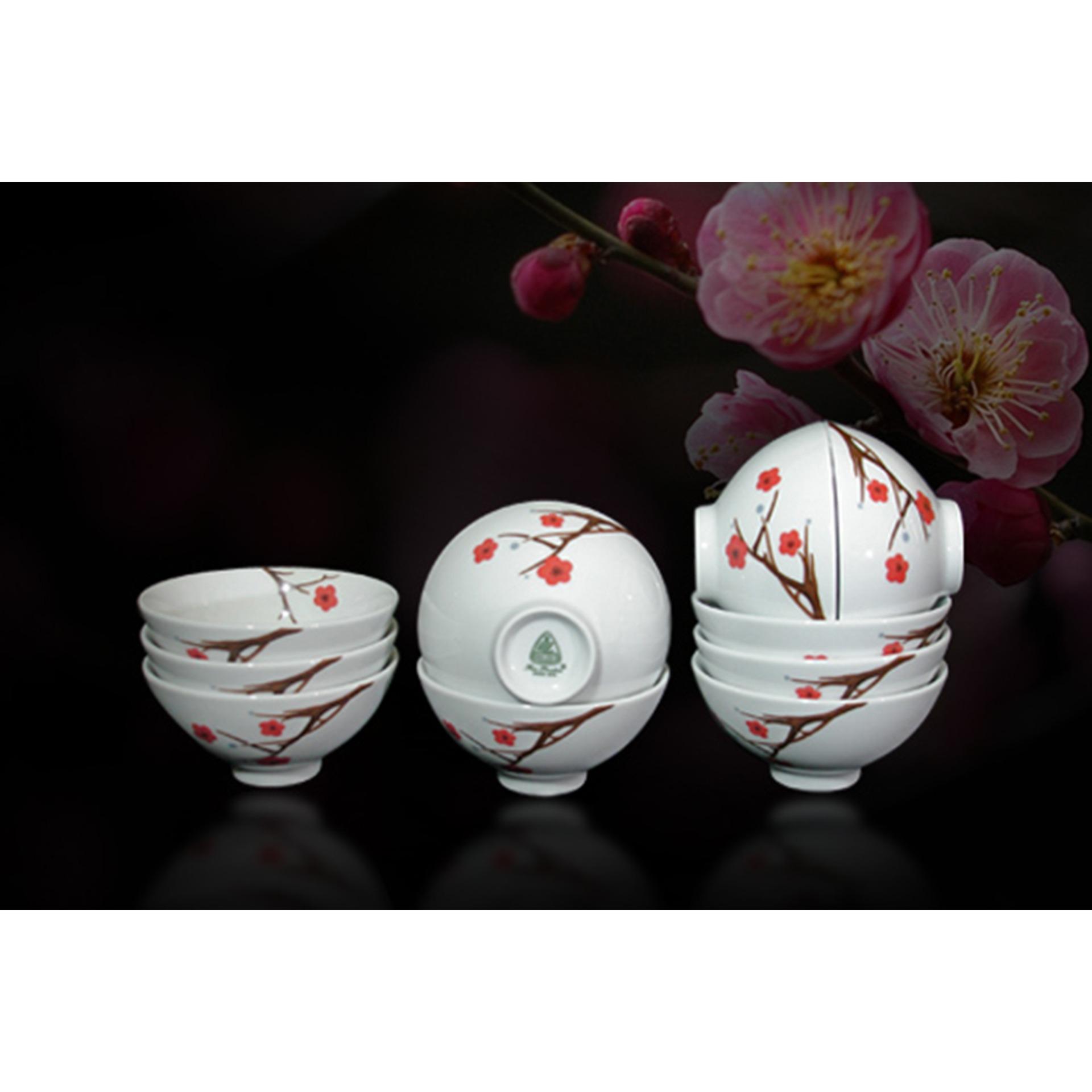 Bộ 10 Chén cơm Minh Long 11.5 cm Daisy Hồng Mai, hàng sứ đẹp cao cấp dùng để ăn cơm trong gia đình, đãi khách, tặng quà Tết 2021