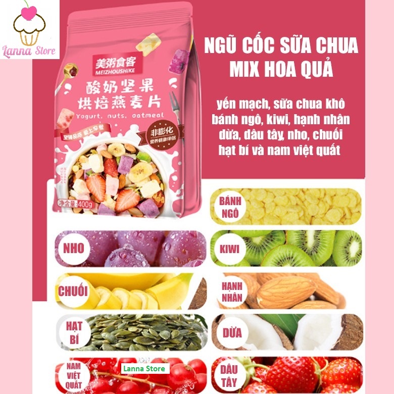 Ngũ cốc sữa chua mix hạt hoa quả yogurt fruit oatmeal gói hồng 400g - đài loan - a