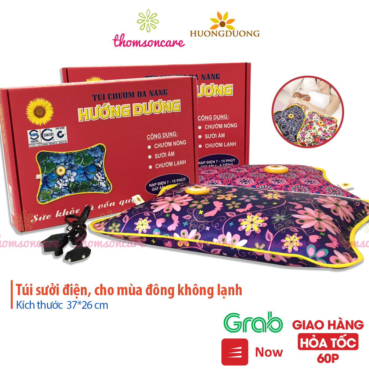 Túi sưởi ấm sạc điện HƯỚNG DƯƠNG kích thước cỡ lớn (37x26x7 cm) ấm tay ấm chân giữ nhiệt mùa đông giảm đau ê ẩm chân tay xương hông xương khớp dễ mang bộ sạc an toàn không gây cháy nổ dùng dùng cho cả gia đình