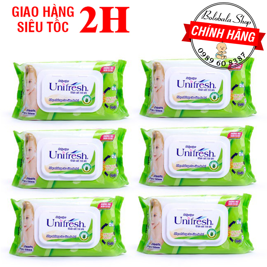 [HCM]Combo 6 gói Khăn Ướt Unifresh Không Mùi Vitamin E và Xanh nha đam 80 miếng