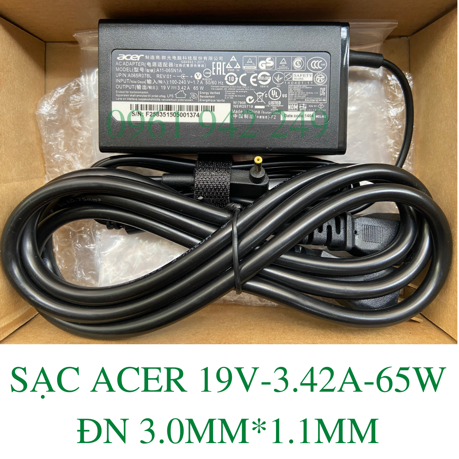 Sạc laptop acer, sạc acer, adapter laptop acer original, acer 19v- 3.42a-65w-3.0mm*1.1mm đầu nhỏ a11-065n1a