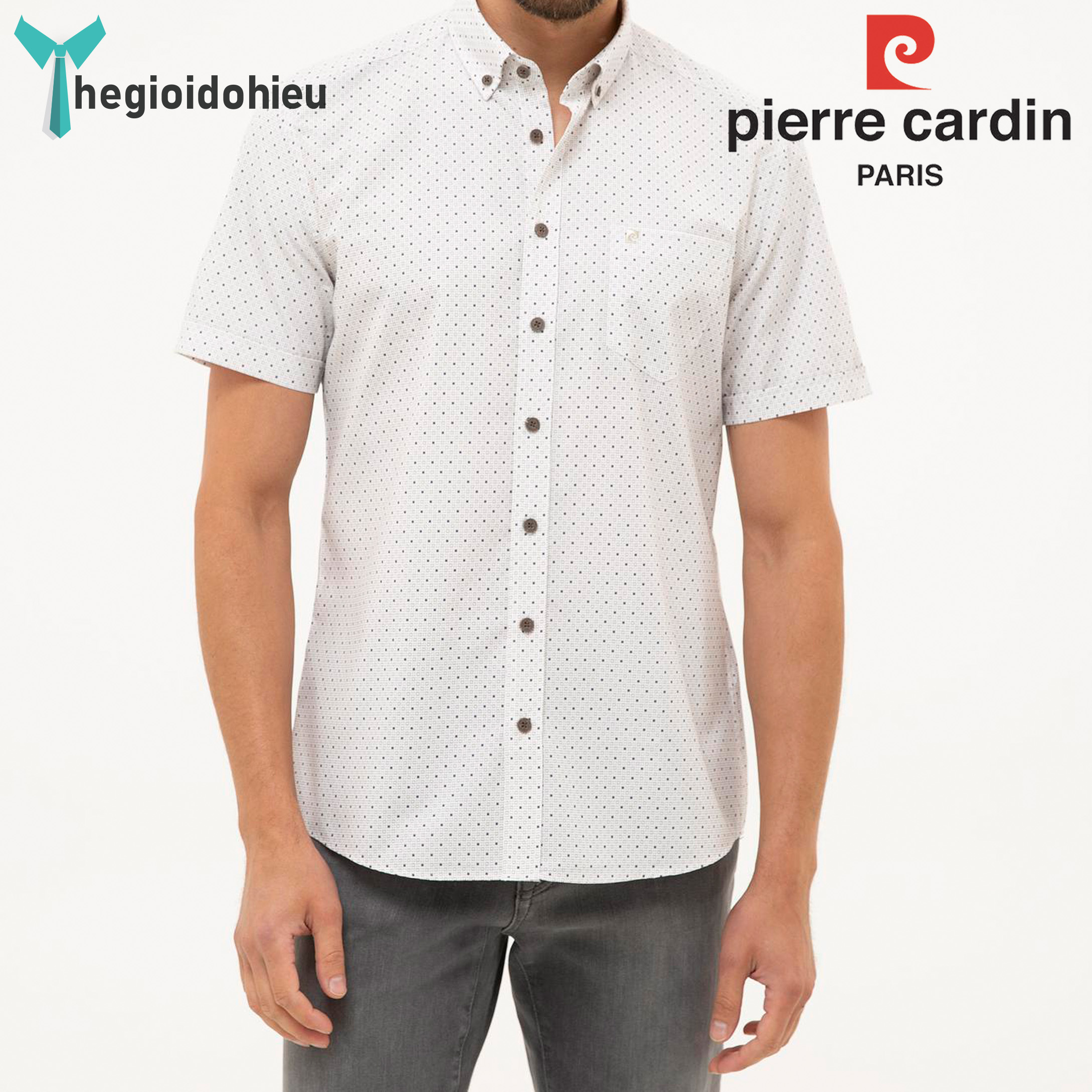  Áo sơ mi nam ngắn tay Pierre Cardin PCShirt78  Trắng nâu họa tiết  - Hàng nhập khẩu - Có túi 