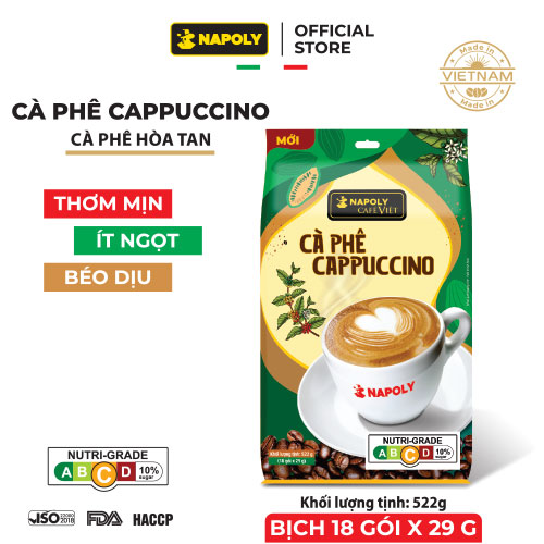 Cà phê Cappuccino Napoly Coffee (18 gói x 29g) - Cafe hoà tan Cappuccino từ Arabica/Robusta hạt SẠCH -TÚI LỚN