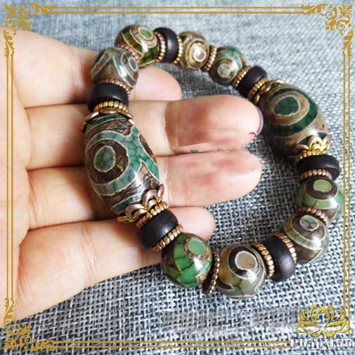 Vòng Tay Phong Thủy Đá Mã Não Lạt Ma Tam Nhãn Tây Tạng Xanh Hạt Tròn 2 Đầu Lu Thống Cao Cấp -  Pháp Tâm