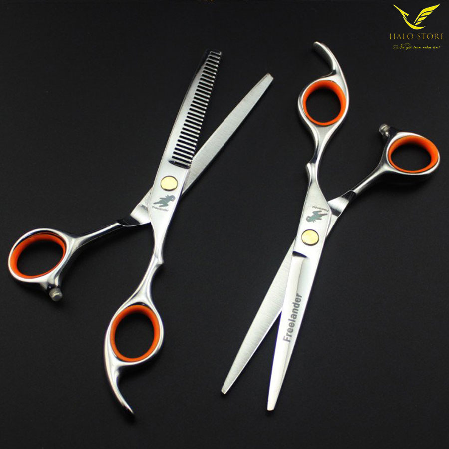 Kéo Cắt Tỉa Tóc FREELANDER Quai Cam (1 Bộ) Cao Cấp Dành Cho Barber, Gia Đình Tiện Lợi