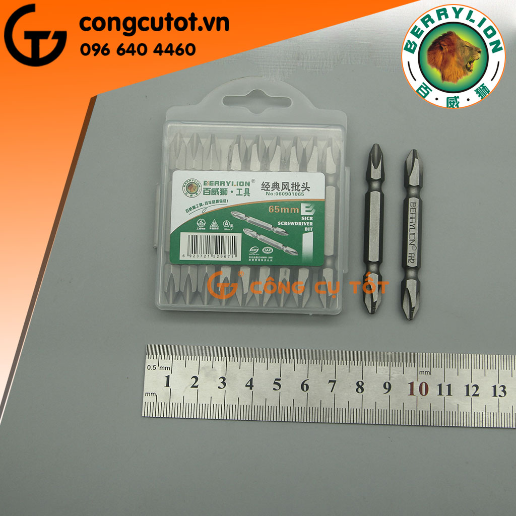 Vỉ 10 đầu bắn vít 2 đầu 4 cạnh PH2 - 65 mm Berrylion
