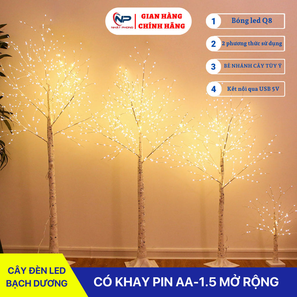 Đèn led trang trí hình cây Bạch Dương decor phòng trang trí noel trang trí tết 2024,quán Coffeel siêu lung linh với đa dạng kích thước 0.6m,0,9,.1.2m sử dụng cổng usb 5v có công tắc tắt bật