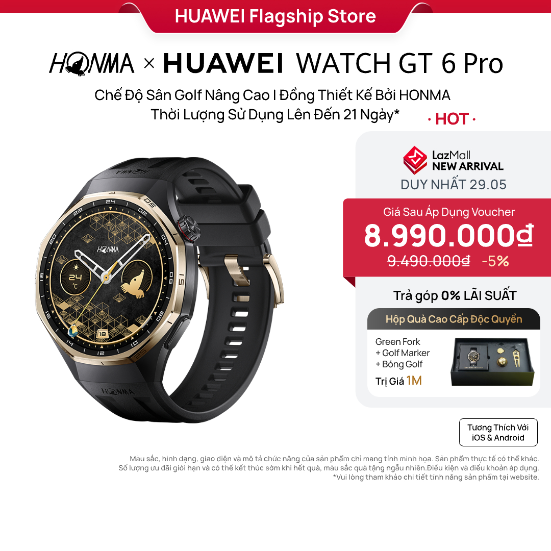 [DUY NHẤT 29.5] Đồng Hồ Thông Minh HONMA X HUAWEI WATCH GT 6 Pro | Chế Độ Sân Golf Nâng Cao | Đồng Thiết Kế Bởi HONMA | Thời Lượng Sử Dụng Lên Đến 21 Ngày