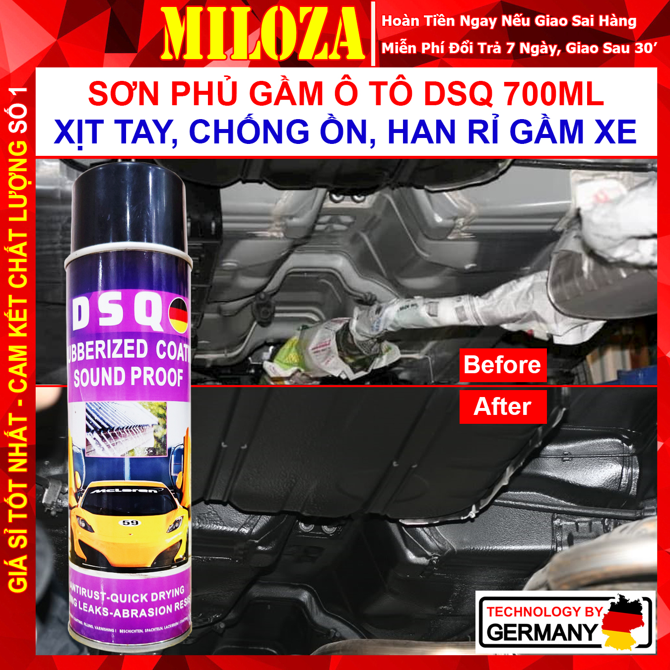 Sơn Phủ Gầm Ô tô DSQ 700ml - Tự Xịt Tay Tại Nhà - Sơn Phủ Gầm Cao Su Non Chống Rỉ Sét, Chống Ồn, Chống Nước Bẩn, Đá Văng - MILOZA