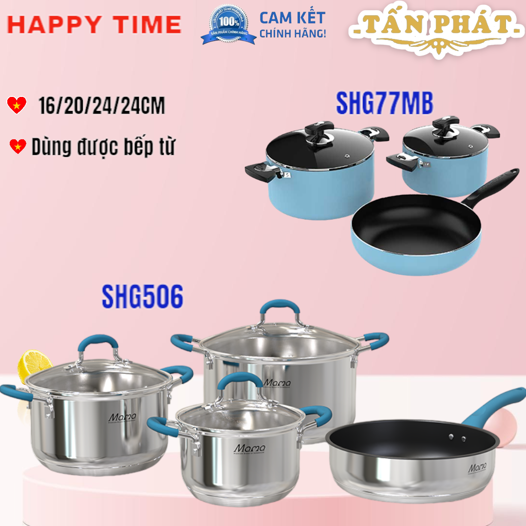 BỘ NỒI CHẢO INOX (4 món) SUNHOUSE (dùng mọi loại bếp) SHG77MB hoặc SHG506