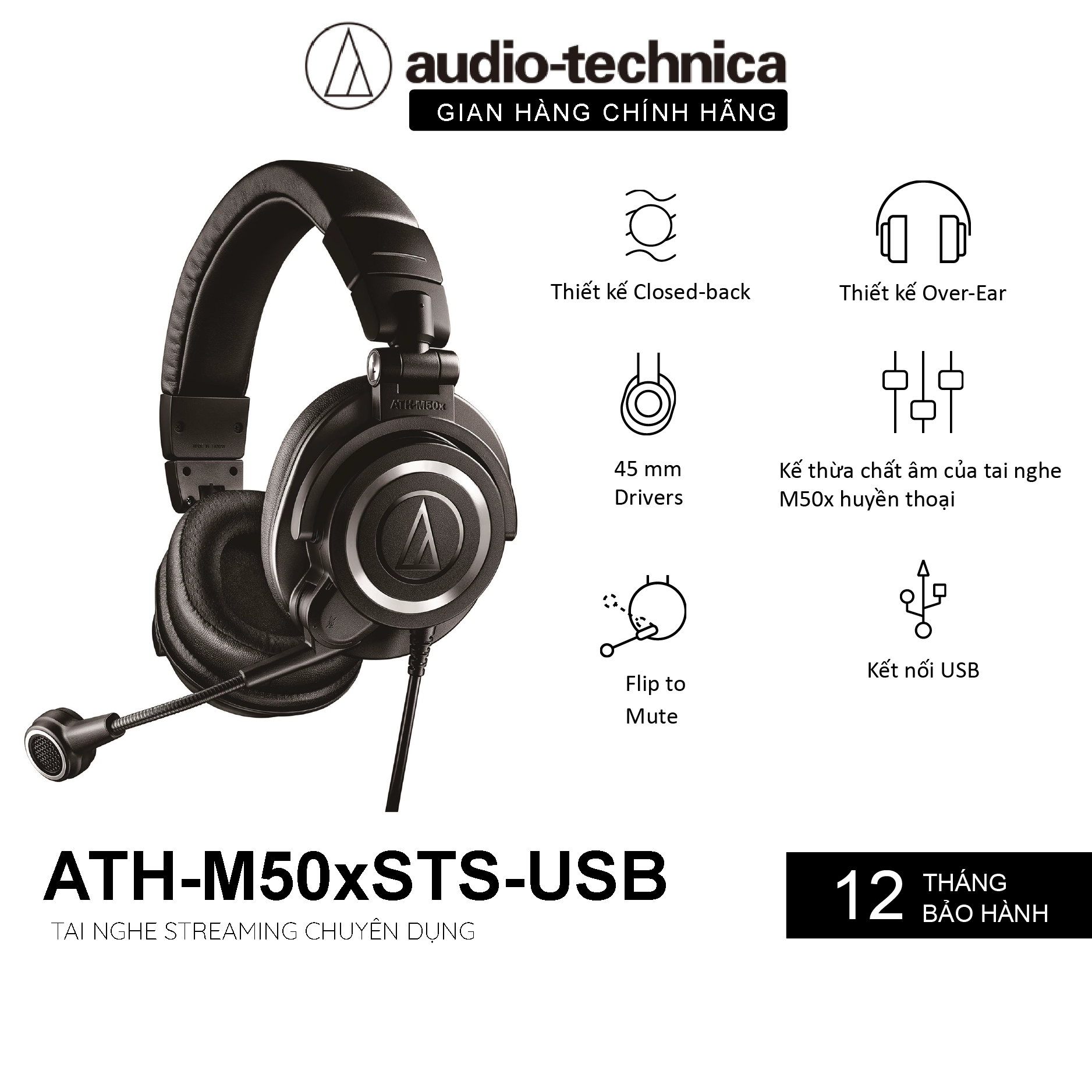 Tai nghe chụp tai audio technica ath-m50xsts-usb streaming headset - hàng chính hãng