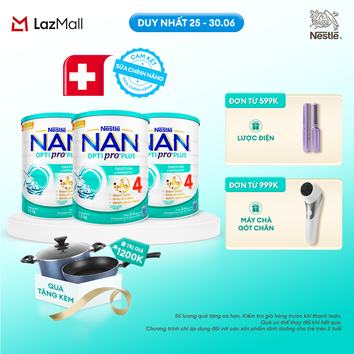 [Chỉ 25-30.06 QT Đơn 599K/999K][Tặng Set Nồi Chảo Elmich] Bộ 3 lon Sữa Bột Nestlé NAN OPTIPRO PLUS 4 1500g Cho Bé 2 - 6 Tuổi: Công Thức Độc Quyền Nhập Khẩu Từ Thụy Sỹ, Chứa Phức Hợp 5-HMO