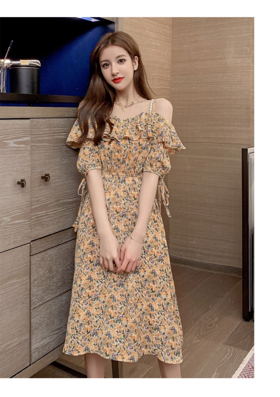 Đầm Xòe Hoa Nhí Voan Hot Trend Hàn Quốc Trễ Vai Phối Dây Nơ Ở Cổ Và Tay Xinh Xinh TTSA0626