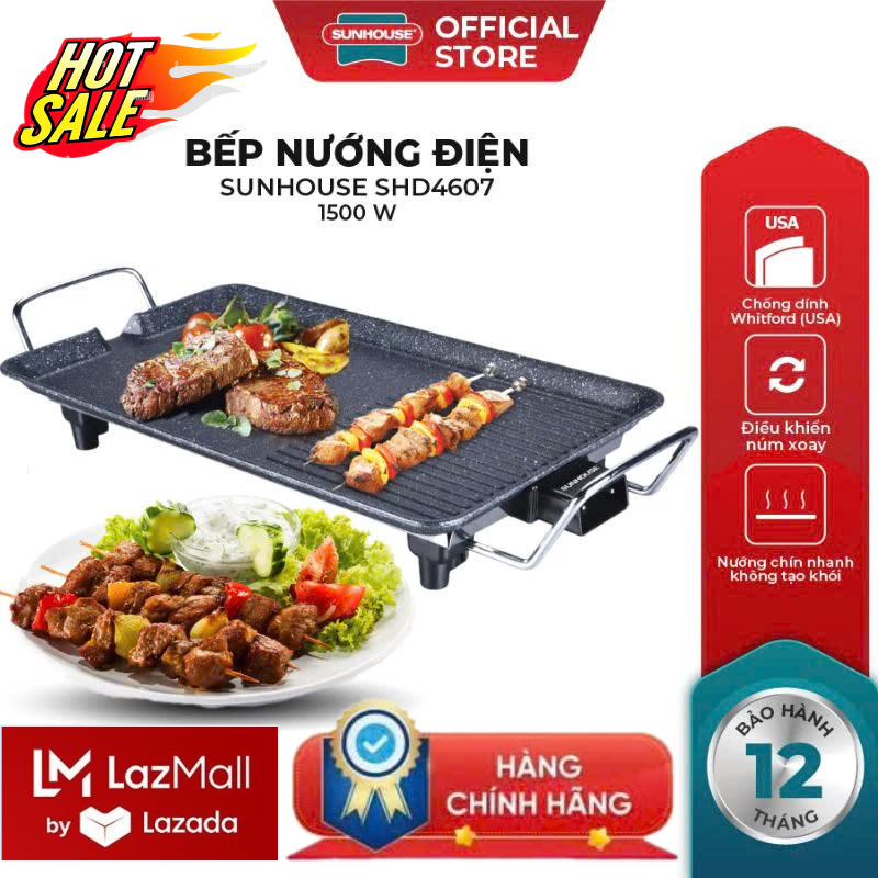 TẾT ĐẾN XUÂN VỀ LAZADA-SUNHOUSE Shop MALL VIỆT NAM Bếp Nướng Điện Sunhouse SHD4607 - Hàng Chính Hãng ,Bếp nướng điện không khói Sunhouse shd4607 công suất 1500w 6 Mức Nhiệt, Mặt Tráng Men Chống Dính , Thiết Kế Gọn Nhẹ, Dễ Vệ Sinh ,An toàn cho sức khỏe