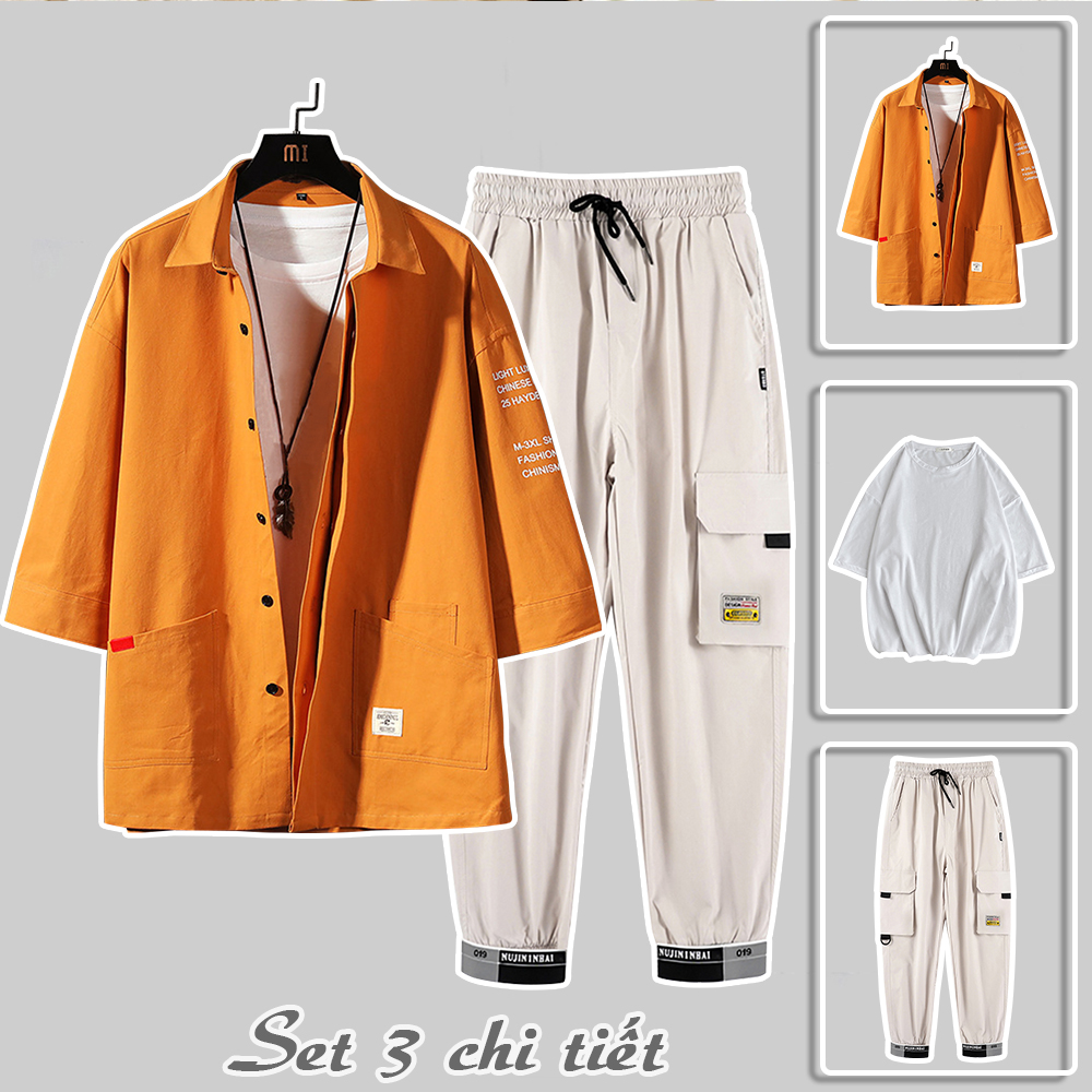 Set Đồ Nam Thanh Lịch Mùa Hè Áo Sơ Mi Cổ Đức Phối Túi Trẻ Trung Kết Hợp Với Quần Jogger Túi Hộp Bo Gấu Tặng Kèm Áo Phông Năng Động Thời Trang FASHION4MENHCM SET 90000150C