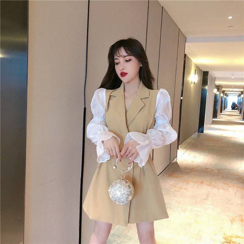 Đầm váy nữ cổ vest tay bèo có dây thắt eo