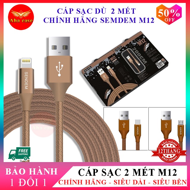 Cáp Sạc Dù 2 Mét Sendem M12 hỗ trợ sạc nhanh SIÊU DÀI - SIÊU BỀN ✓Cáp sạc Iphone, Android, Type C, dây sạc 2m tiện lợi, Aha Case