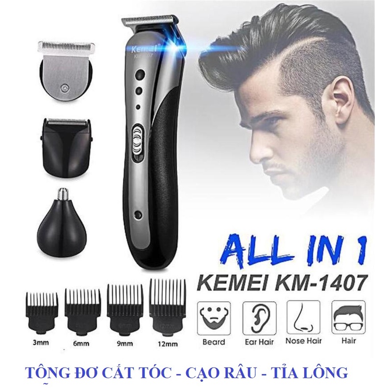 Tông đơ cắt tóc kiêm cạo râu, tỉa lông mũi 3 trong 1 chính hãng Kemei 1407