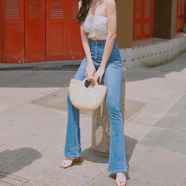 (FREESHIP TOÀN QUỐC) Quần jean nữ chất bò ống loe bass tua lai lưng cao 2 nút,ôm eo,( size:26,27,28,29,30,31,32) thời trang PINKY79SHOP D769