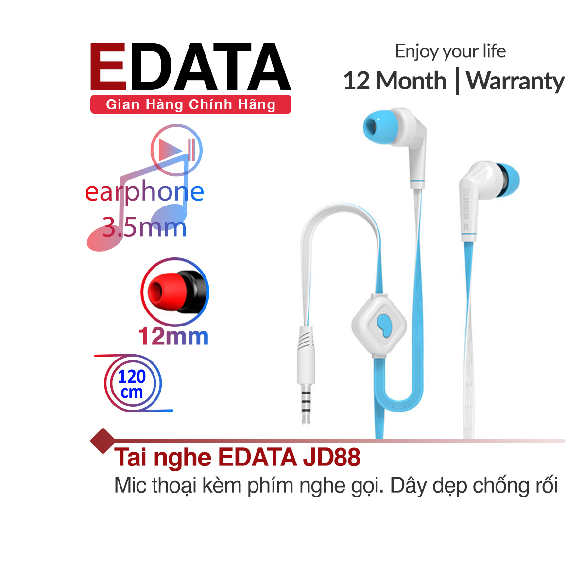 Tai nghe nhét tai EDATA JD88 jack 3.5mm dây PVC dẹp chống xoắn rối dài 120cm dành cho iPhone iPad Samsung Huawei