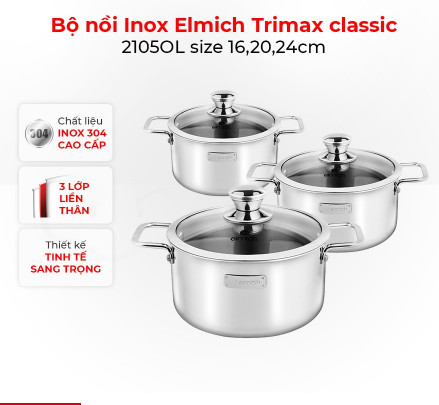 Bộ nồi inox 3 lớp đáy liền elmich trimax classic 2105ol size 16,20,24cm - hải anh japan store.