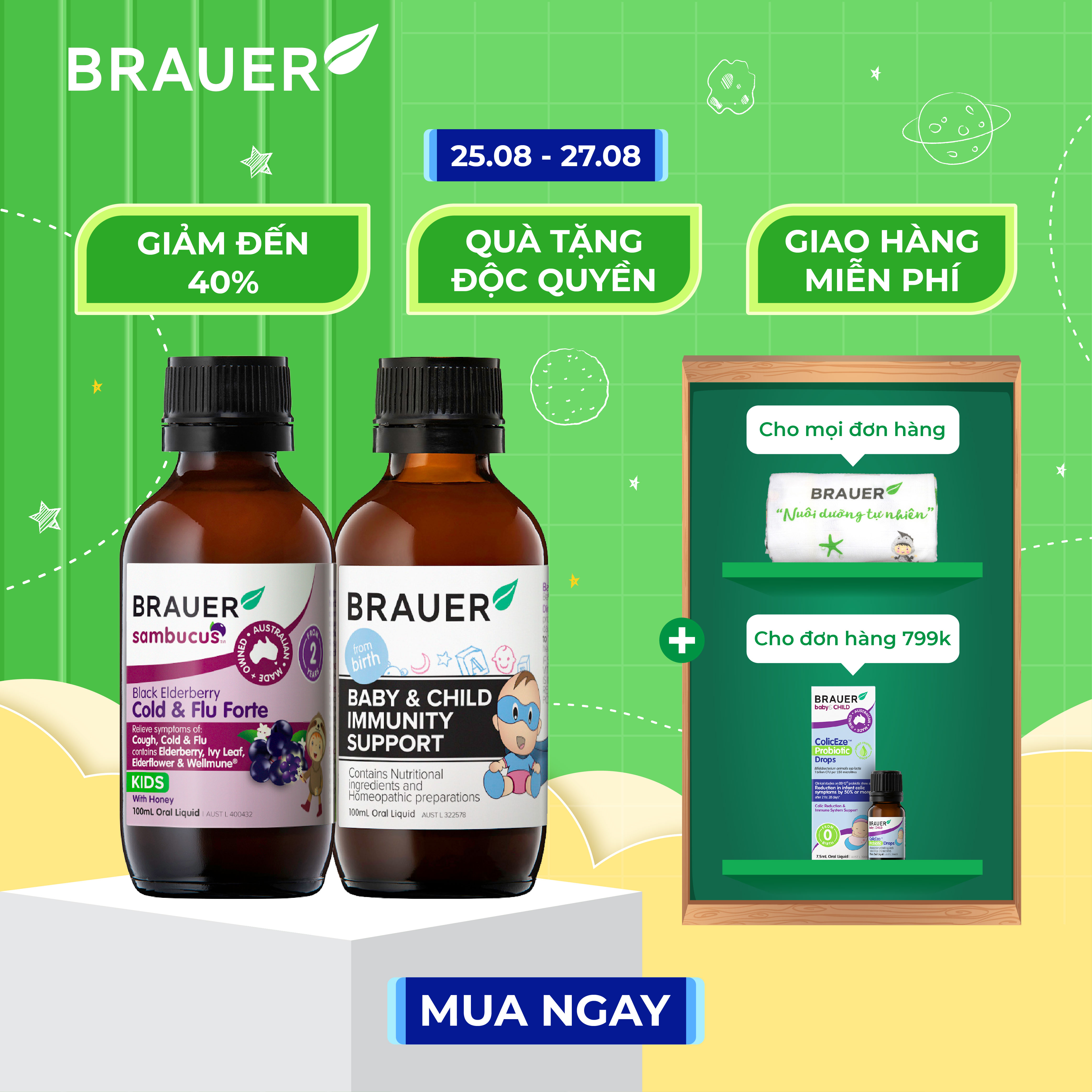 Combo giảm ho, sổ mũi, đau họng cold&flu+ immunity support cho bé từ 2 tuổi