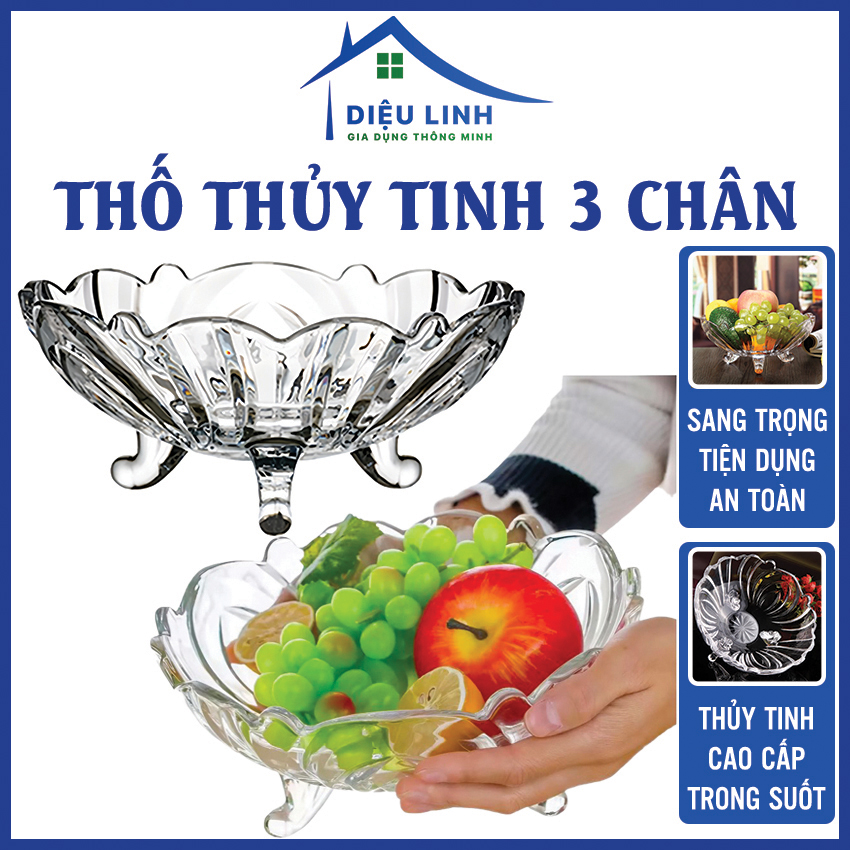 Đĩa, Thố Thủy Tinh 3 Chân Đựng Hoa, Rau Để Bàn Cực Đẹp, Sang Trọng, Đĩa Thuỷ Tinh Để Chưng Hoa Quả Dieulinhshop