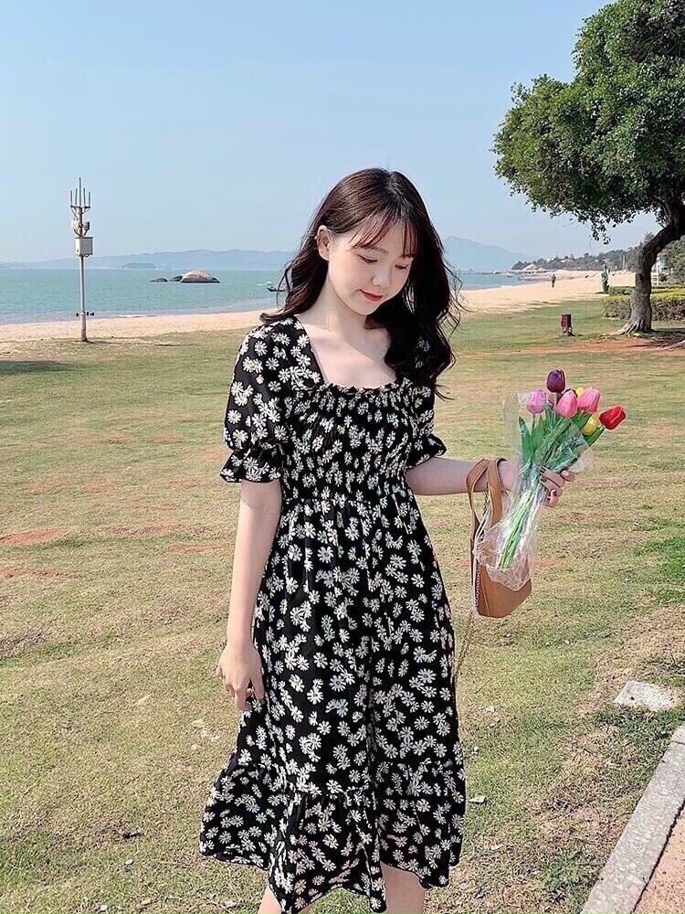 [HCM]Đầm xòe vintage cổ bè tay lỡ phồng Cổ vuông vải voan hoa  mềm mịn phù hợp với mọi lứa tuổi mọi vóc dáng dễ phối trang phục MTB