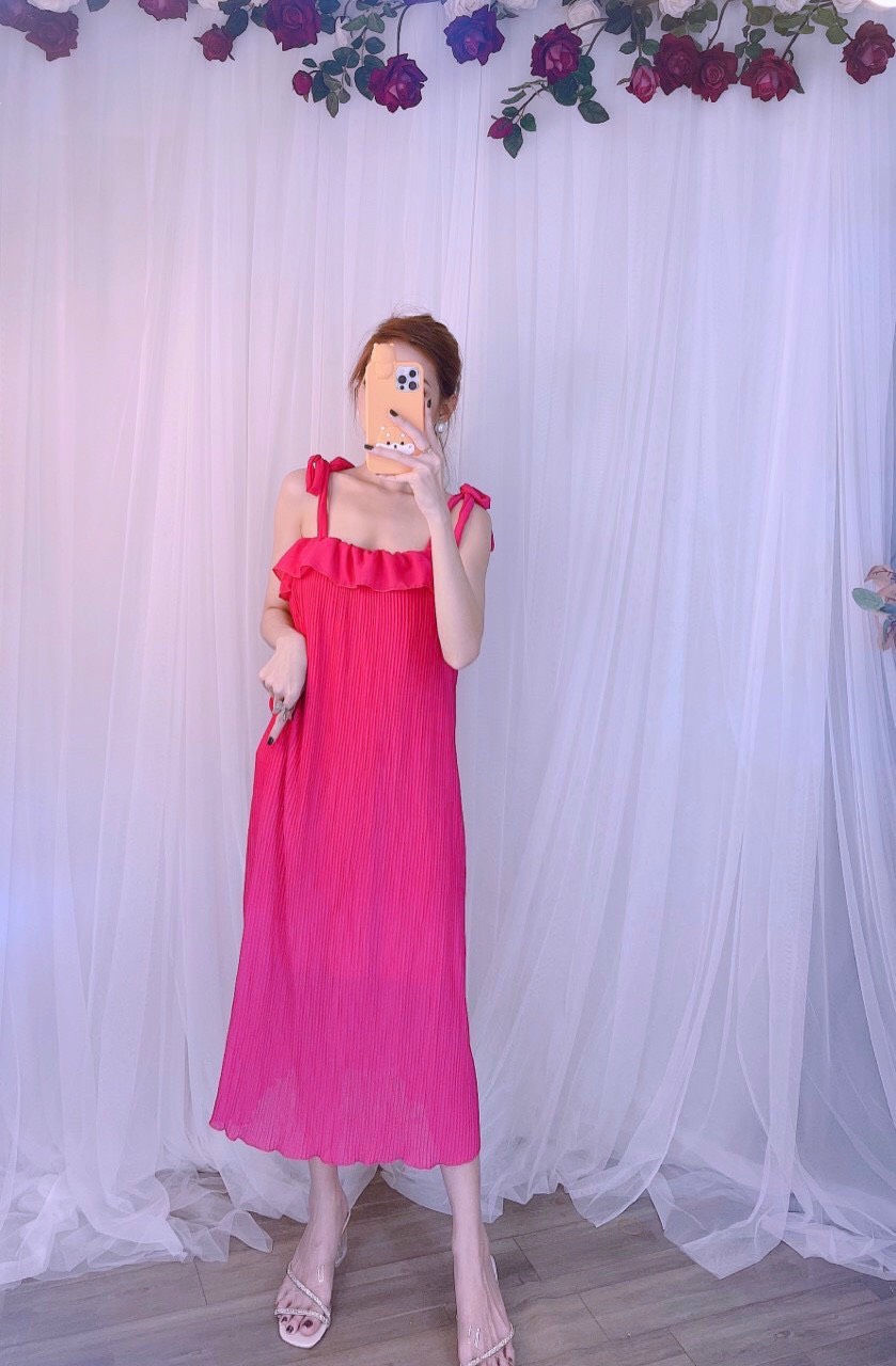 Đầm maxi hai dây cột nơ vai+ ảnh thật mẫu mặc