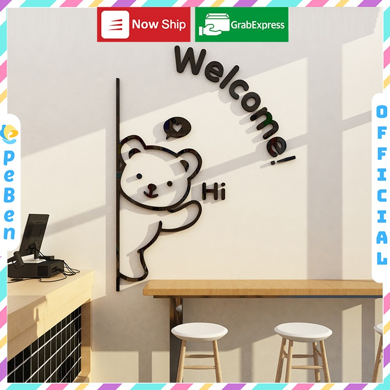 Tranh mica EPeBen dán tường nổi 3d hình Chú gấu thân thiện welcome Dán Cửa decor trang trí phòng cho bé, cửa hàng
