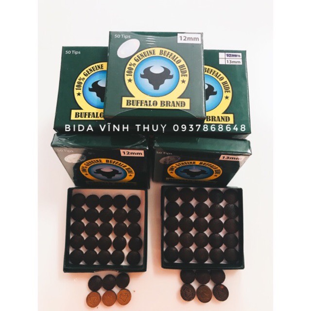 [ Hộp 50 viên ] Đầu cơ bida bi-a Trâu Buffalow nhập khẩu 12mm; 13mm