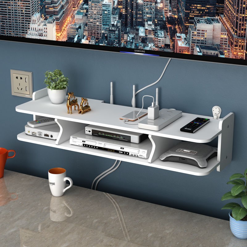 Kệ wifi 2 tầng treo tường, kệ để đầu thu VHR12 bằng gỗ Smartboard màu trắng sang trọng - Đầy đủ phụ kiện treo kèm theo