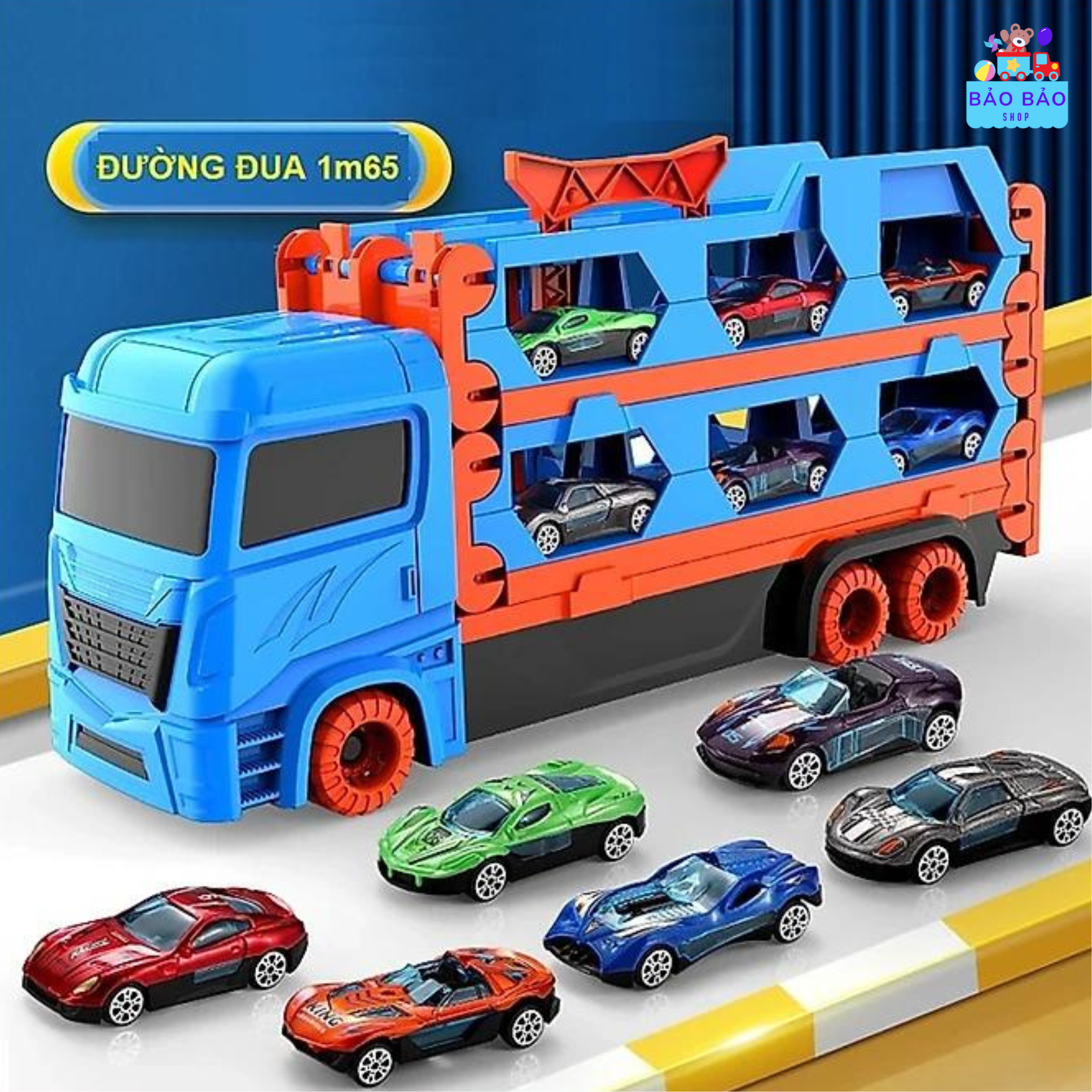 Đường đua Dài 1m6 Ô tô đồ chơi xe tải 3 tầng kèm 6 xe đua nhỏ mô hình