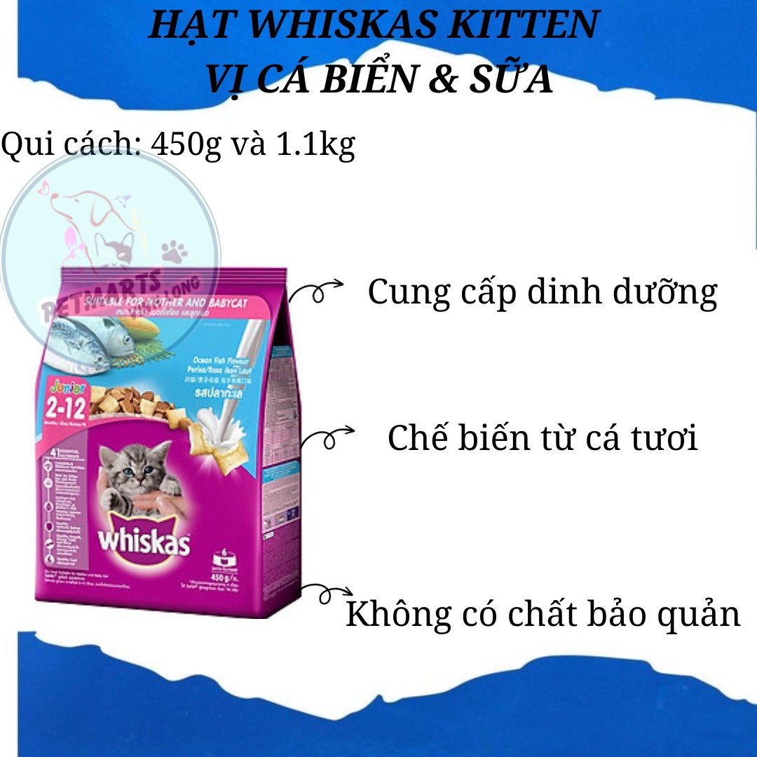 Bộ thức ăn dạng hạt dành cho mèo con Whiskas vị cá biển và sữa 1.1kg + Pate cho mèo con vị cá ngừ 85g
